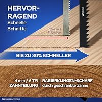 FALKENWALD® Stichsägeblätter Holz 10x T744D – Extra Lang 180mm - Für tiefe Schnitte bis 135mm - T-Schaft, HCS, 6 TPI – Für Weichholz, Hartholz, OSB, MDF, Laminat – Ansicht 5