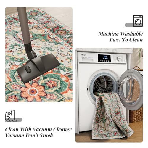 Round Rug for Living Room, 3Ft Round Washable Rug, Boho Small Circle Kitchen Area Rugs, Non Slip Low Pile Circular Rugs, Soft Round Carpet for Bedroom, Office, Kitchen Entryway, Bathroom (CreamGreen) - Image 4