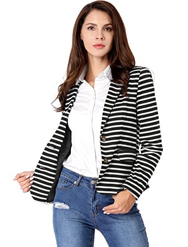 Allegra K Women's Notched Lapel Pocket Button Closure Striped Blazer Medium Black #TOP3