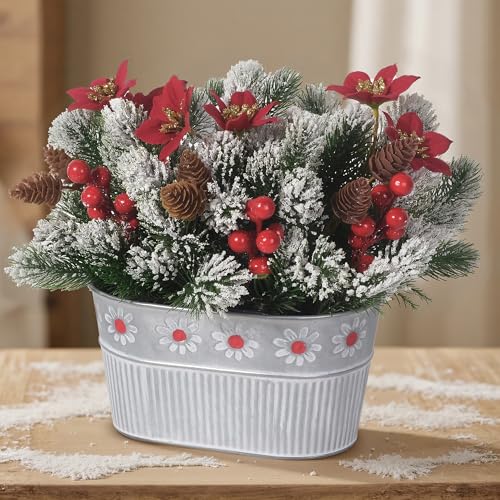 HOPEME Decoración de centro de mesa de Navidad, ramas artificiales de pino de Norfolk con flores de pascua, conos de pino y bayas en maceta de metal, arreglo floral de Navidad para mesa de comedor y
