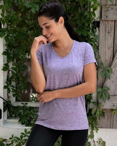 Real Essentials 5 Pack: Women's Short Sleeve V-Neck Activewear T-Shirt Dry-Fit Wicking Yoga Top (Available in Plus)