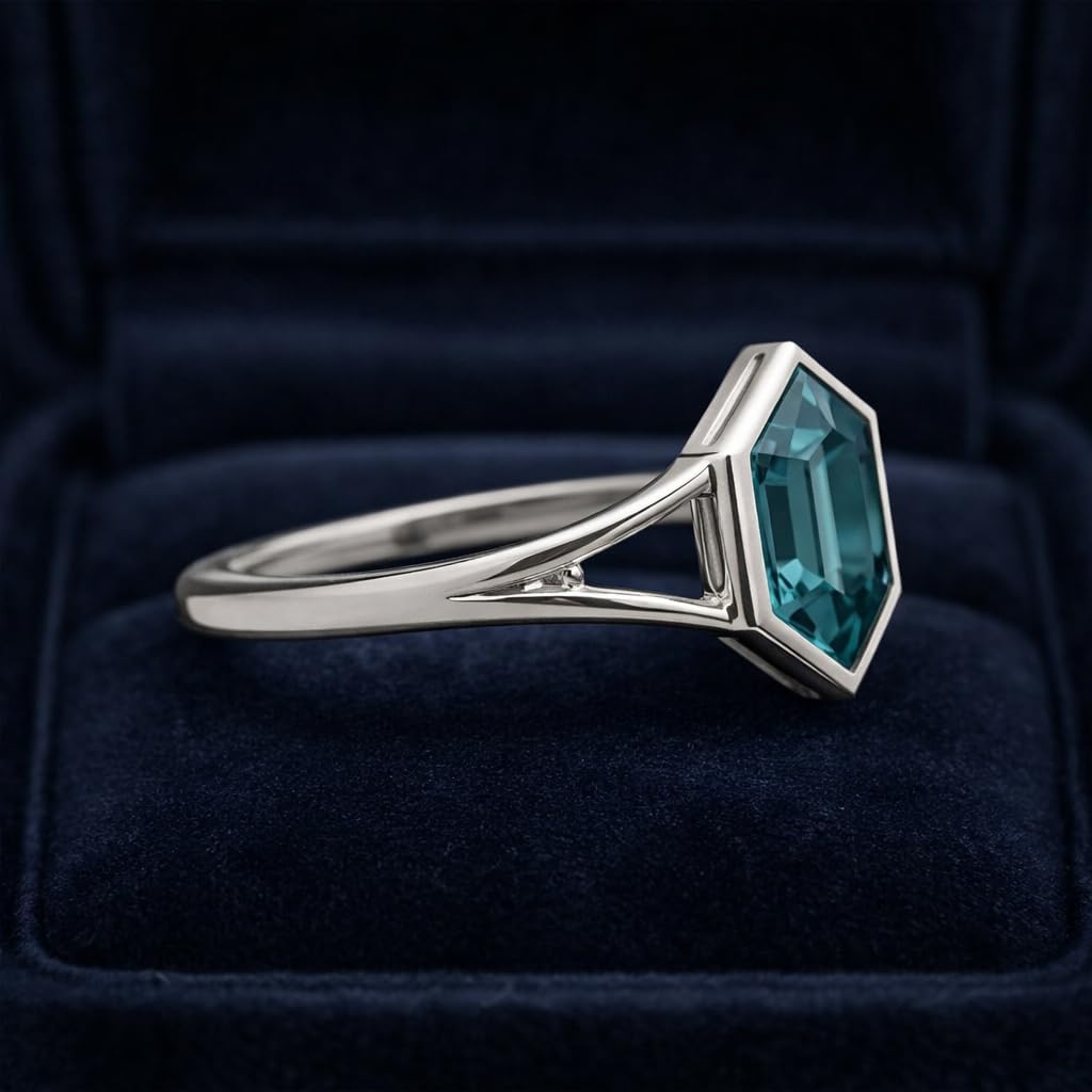 Hexagon Teal Sapphire Ring in 14k White Gold Geometric Bezel Set Engagement jewelry Modern Minimalist Teal Sapphire Statement Ring Gift For Her