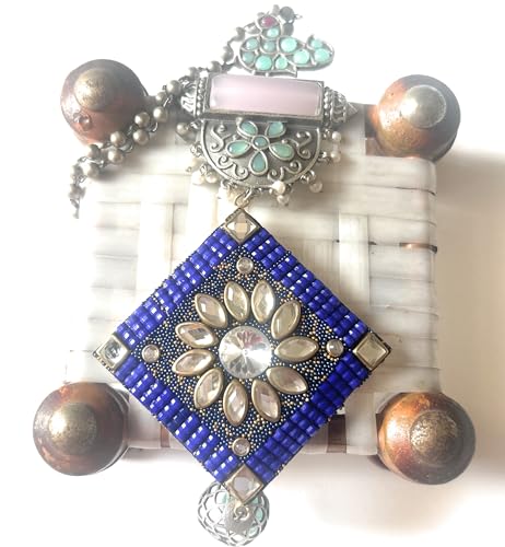 Image of Vintage Style Statement Necklace, Blue crystal Pendant,matar Mala Chain, Turquoise Floral Charm