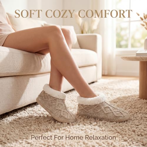 Image of cosyone1997 Cable Knit Slipper Socks for Women Non Slip Soft Sole | Fuzzy sherpa lining, gripper dots, flexible bootie coverage and machine washable care for warm, comfortable indoor wear