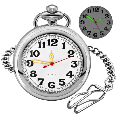 Montre de poche à quartz Tiong en argent avec chiffres arabes et chaîne pour homme