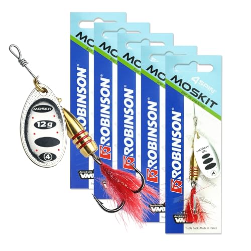 ROBINSON Spinner Angelköder 5er Set mit intensiven Vibrationen & breitem Spinnerblatt - VMC-Drillingshaken & Reizfaden Kunstköder für Hecht Barsch & Forelle (Black Tire Größe 4 (12g) - 5 Stück)