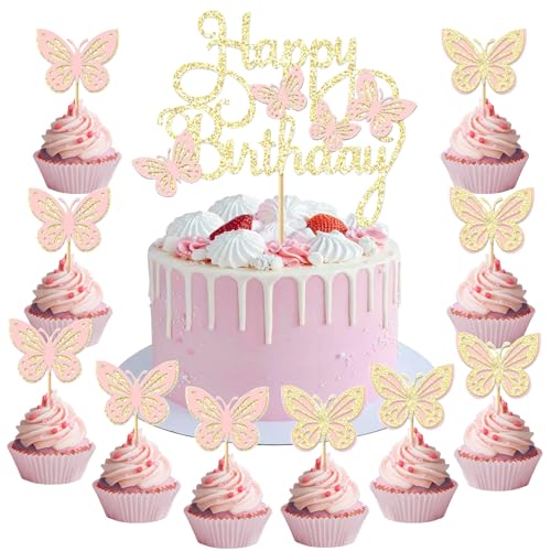 Happy Birthday Cake Topper decoração de bolo borboletas, 13 peças Topper decoração de bolo borboleta, borboletas para decoração de bolos, top bolo para casamentos, festas, aniversários (A)