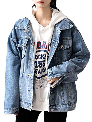 Hotmiss Women's Oversize Denim Jean Jacket, Long Sleeve Boyfriend Denim Jacket Coat (Blue, Small)