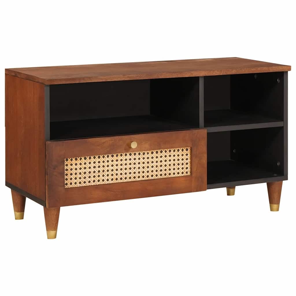 Mobile TV in legno massiccio di mango marrone, 80 x 33,5 x 46 cm, con ripiani e cassetto, credenza per soggiorno, mobile basso per CD e DVD, moderno mobile TV