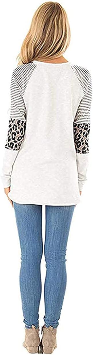 Leopard Print Tops for Women Long Sleeve Crew Neck Patchwork T Shirt Blouse - Image 3
