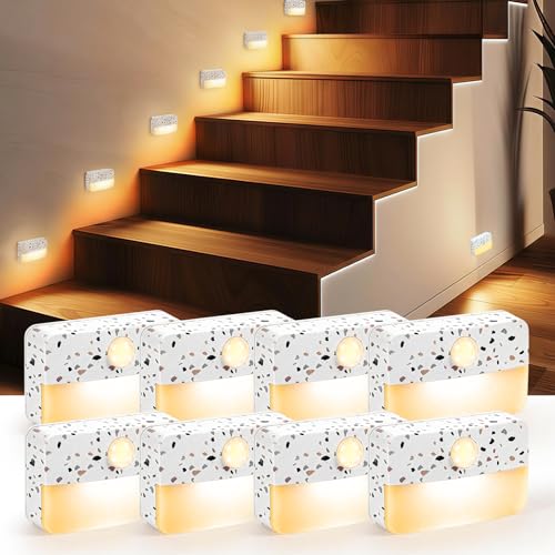 Image of Guankai 8 Pack Motion Sensor Stair Light for Indoor, Battery Operated Closet Lights, Wireless Stick on Anywhere Hallway Lamp, Portable Led Night Lamps for Bedroom Under Cabinet Kitchen, Terrazzo White