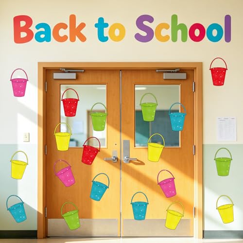 Image of Summer Bucket Glitter Cutouts - 100Pcs Colorful Beach Sand Bucket List Paper Cut-Outs with Glue Points Tropical Buckets Cutout Bulletin Board for DIY Crafts Sweet Summer Back to School Classroom Decor