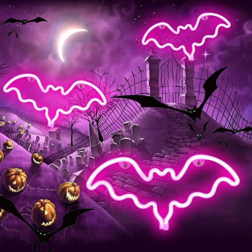 Image of LED Neon Bat Lights, Bat Shape Neon Signs Night Lights Battery Operated Desk Table Lamp for Bedroom, Bar, Wall, Halloween Decor-Bat with Holder Base(Pink)