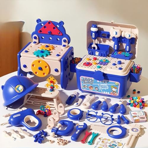 Hippo All in one Tool Hub DIY Montessori Tool Box Set, Hippo Tool Box, STEM Learning Construction Set with Toolbox, Drill & Accessories – DIY Construction Fun for Age 3+ (Blue 218pcs)