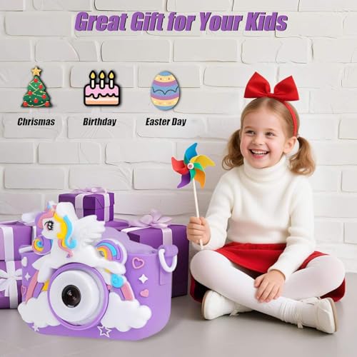 Image of Kids Digital Camera with Selfie Mode for Girls Boys, Unicorn Camera with 1080P Video Recording, 2 Inch Screen, 8X Zoom, Filters, Games & Music Player, Rechargeable Gift Toy for Kids Pink