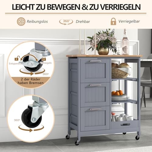 COSTWAY Wózek kuchenny z tacą, półkami i 3 dużymi szufladami, szafka kuchenna na kółkach, wyspa kuchenna z drewna kauczukowego, wózek do serwowania 67 x 37 x 83,5 cm (szary)