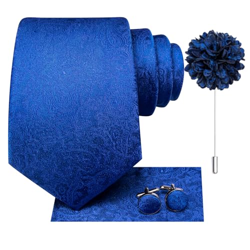 Image of Hi-Tie Paisley Royal Blue Ties for Men Solid Silk Jacquard Tie and Lapel Pin Pocket Square Cufflinks Sets Formal Business Wedding