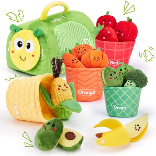 hahaland Peluches de frutas e legumes, brinquedos para bebés 6-12 meses com picos e cesta e saco de lagarta, brinquedos educativos Montessori para bebé 9 12 18 meses, presente brinquedos crianças 1
