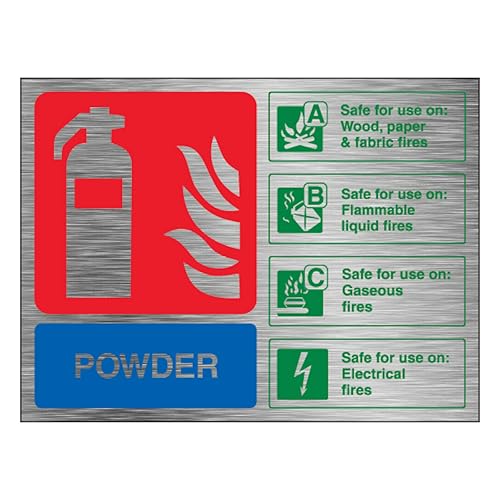 V Safety - Señal de seguridad para extintor de polvo, horizontal, 200 x 150 mm, 1,6 mm, efecto aluminio, plástico rígido