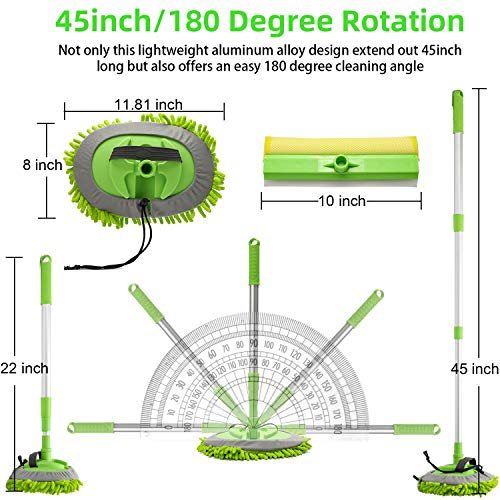 CARCAREZ Car Wash Brush Kit with 42.5\" Aluminum Alloy Long Handle, 3 in 1 Car Cleaning Mop, Chenille Microfiber Mitt Set, Glass Scrubber Vehicle Cleaner Kit, Green - Thumbnail 2