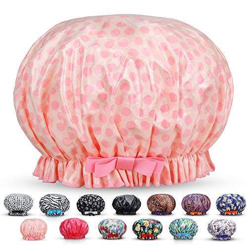 Waterproof Reusable Women Shower Caps XL 100% Cotton Print Bath Caps Hat Long Hair Perfect for Women (Pink Point)