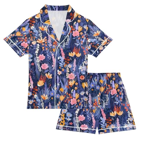 ALAZA Beautiful Floral Pajamas Satin Pajama Set Short Sleeve Button Down Sleepwear
