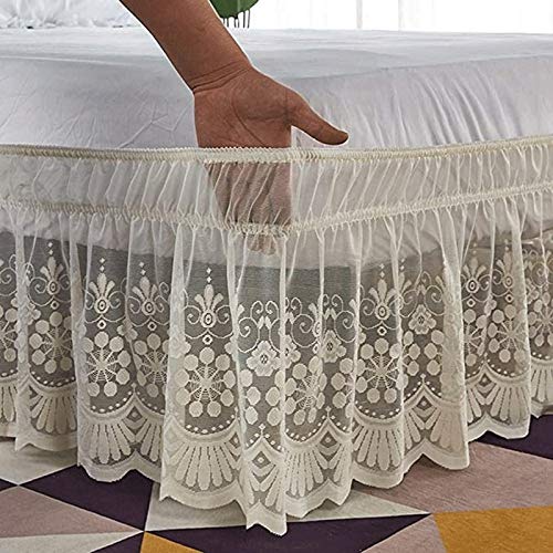 Lace Bed Skirt Double/Single/King Elastic Bed Valance Skirt with Ruffles Without Bed Surface Soft Microfiber Ruffle Drop: 38 cm (Color : Beige, Size : 200 * 200+38cm)