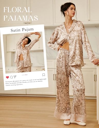 Image of Yimoon Satin Pajama Set for Women Silk Pajamas Set 2 Piece Floral Cute Pj Set Long Sleeve Pjs Sleepwear