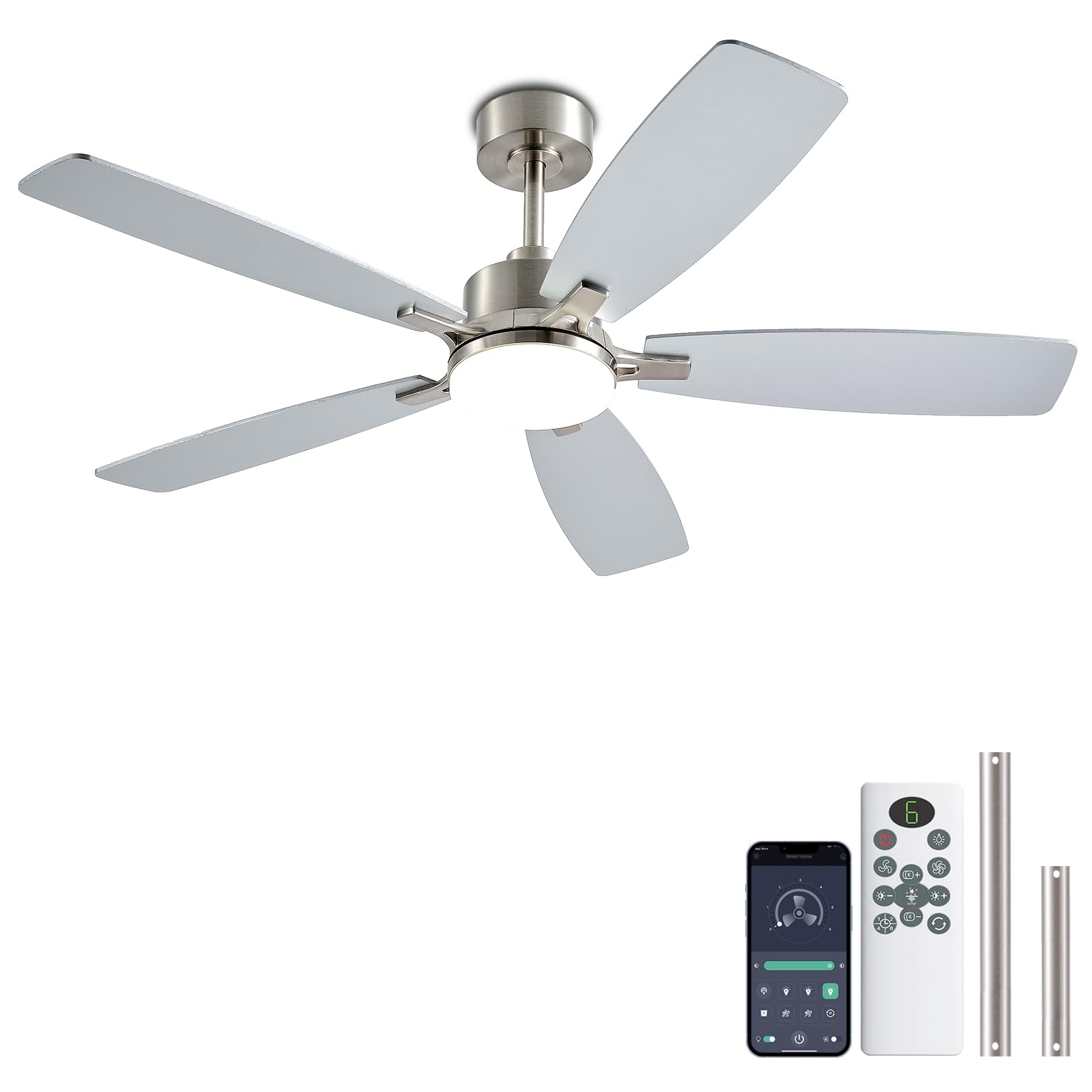 Photo 1 of ***FOR PARTS ONLY/ BROKEN & MISSING PIECES*** NKPU Ceiling Fans with Lights, 52 Inch Low Profile Ceiling Fan with Light and Remote Control, 2 Downrods, DC Reversible Motor, Dimmable LED Ceiling Fans for Bedroom,Indoor/Outdoor Patio Use?Nickel?