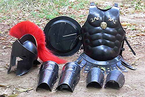 Medieval Roman King Leonidas 300 Spartan Helmet W/Red Plume + Muscle Body Armor Jacket Cuirass + Shield + Leg Or Arm Guard