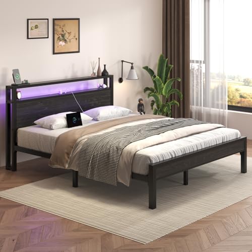 Image of E-Motie Queen Size Bed Frame with LED Lights and Charging Station, Wood Storage Headboard with 2-Tier Shelves, Heavy Duty Metal Slats, No Box Spring Need, Noise Free, Easy Assembly, Black