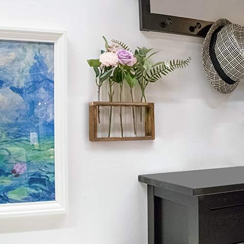 Ivolador Wall Mounted Hanging Plants Test Tube Flower Bud Tabletop Glass Terrarium Wooden Stand with 5 Test Tube Perfect for Propagating Hydroponic Plants Home Garden Wedding Decoration