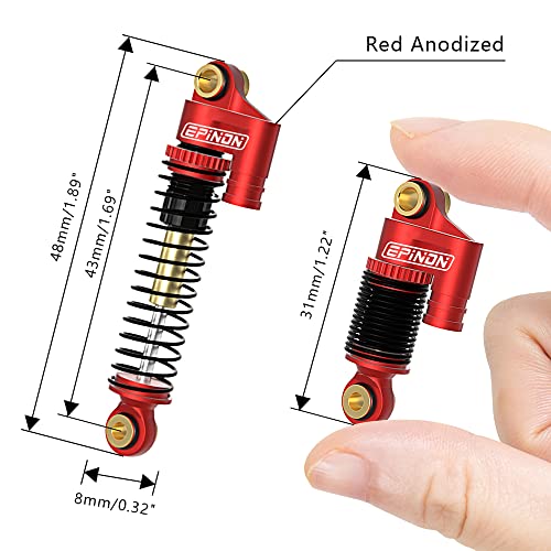 Epinon 43Mm Aluminum Front & Rear Shocks For 1/24 Axial Scx24 Bronco/Jlu Crc/Deadbolt/Gladiator /C10 Upgrade Parts (4Pcs Red) #TOP3