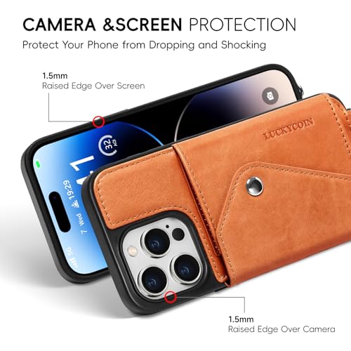 LUCKYCOIN Crossbody Phone Case for iPhone 14 Pro,100% Genuine Leather Phone Wallet Case for Women, Premium Hands-Free Phone Purse with Expandable Flip Card Holder & Adjustable Strap - Retro Brown by LUCKYCOIN - Used condition - Image 3
