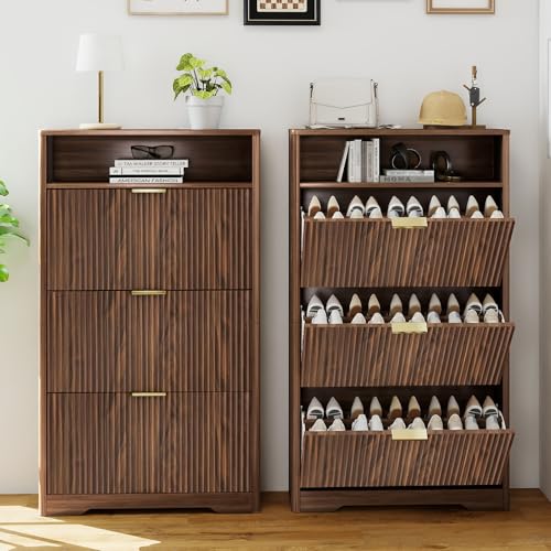 Image of Rovibek Shoe Cabinet Storage for Entryway, Narrow Shoe Rack with 3 Flip Drawers, Wood Fluted Shoe Cabinet Mid-Century & Rounded Corner Design, Hidden Shoe Storage for Entryway, Walnut