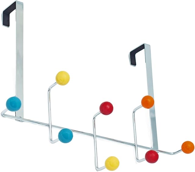 simplywire Over Door Coat Rack 8 Multi Colour Ceramic Hooks - Chrome