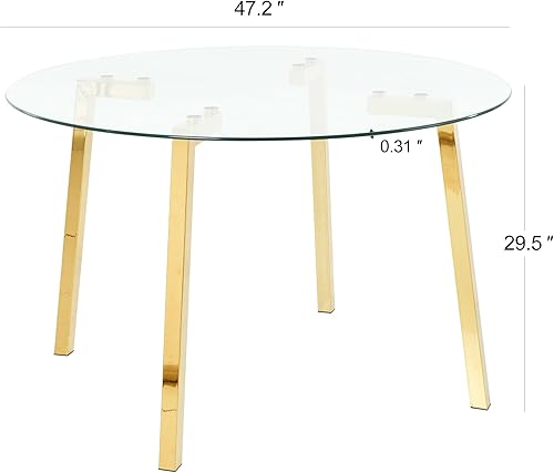 Miniatura 2 de Moderna mesa de comedor minimalista de cristal redonda de 47.2 pulgadas con encimera de vidrio transparente y patas de metal chapadas en oro,