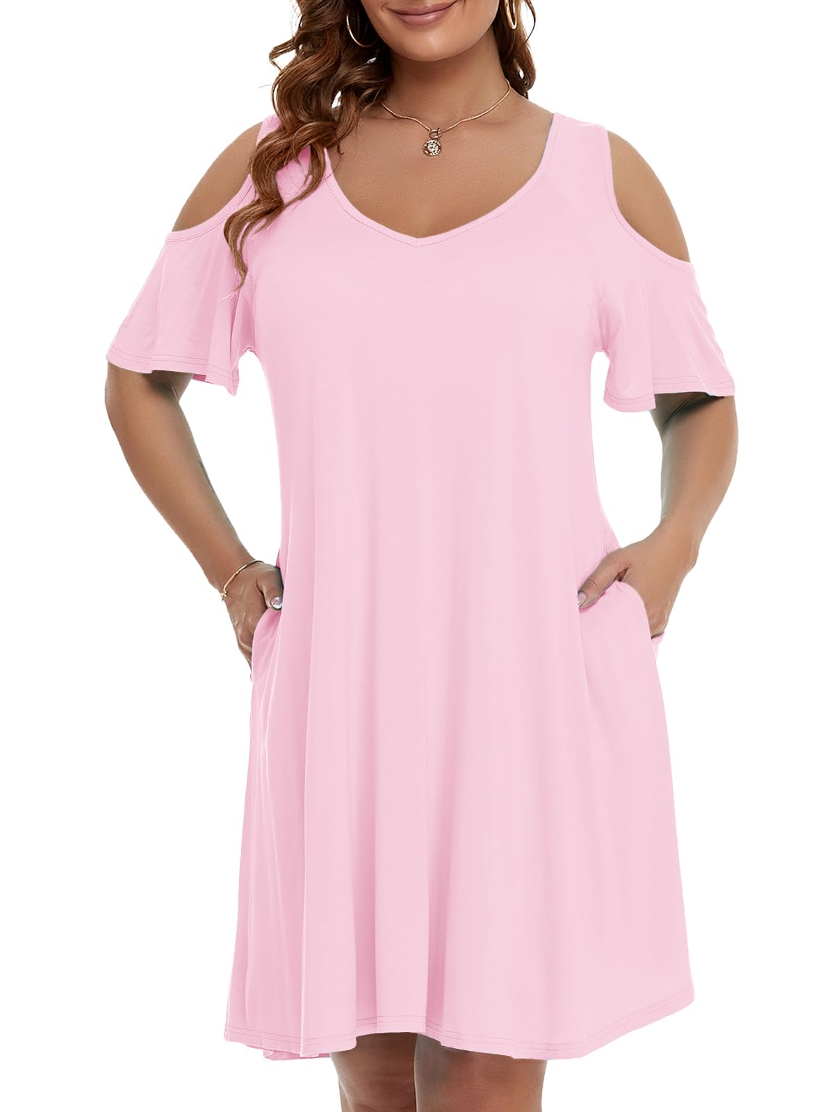 JollieLovin Womens Plus Size Short Sleeve Cold Shoulder V Neck T-Shirt Dress with Pockets
