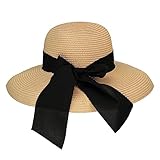 Surblue Straw Summer Hat Women's Floppy Sun Hat, Foldable Breathable UV Protection Wide Brim Beach Bow Hat for Ladies, Khaki