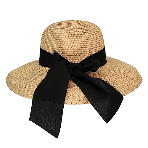 Image of Surblue Women's Beach Straw Hat, Wide Brim Sun Hat with Black Bow