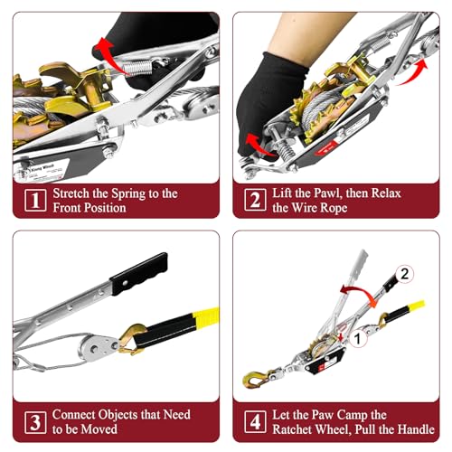Come Along Winch, 2 Ton (4480 lbs) Pulling Capacity, 7 ft Steel Cable, 2 Hooks, Heavy Duty Ratchet Power Puller Tool with Dual Gears, Automotive Hoist Cable Puller Ideal for Vehicle Rescue - Thumbnail 5