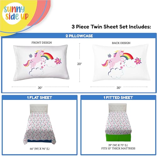 Image of Sunny Side Up Rainbow Unicorns Twin Sheet Set - 3 Piece Kids Bedding Set Includes Pillow Cover - Super Soft Floral Hearts Microfiber Sheets