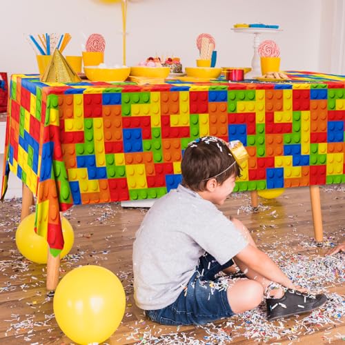Image of 3pcs Building Block Tablecloths, Birthday Party Supplies Waterproof Plastic Colorful Blocks Bricks Table Cover for Building Block Party Decoration