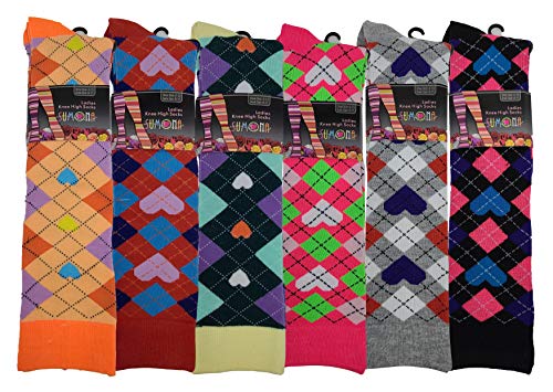 6 Pairs Women's Fancy Design Multi Colorful Patterned Knee High Socks,Hearts Argyle,Size 9-11 ( Fit Women Shoe Size 4 To 10 ) #TOP1