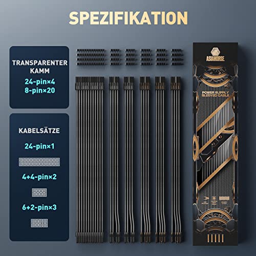 Kit câbles PC AsiaHorse rallonge PSU 16AWG noir connecteur alimentation GPU CPU peignes inclus - 2