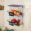 Granrosi wall hanging fruit baskets for kitchen set of 2 wire baskets for storage with wooden tabletop wall hanging storage for fruits and produce large basket with 6 hooks 3 labels  urban country home decor