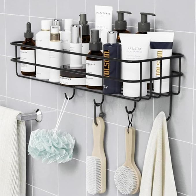 Copelle Stainless Steel Bathroom Shelf for Wall, Self Adhesive Bathroom Organiser, 4 Hooks for Towel Holder, Space-Saving Wall Mounted Bathroom Shelf with Elegant Design (Pack of 1, Black)-image-10