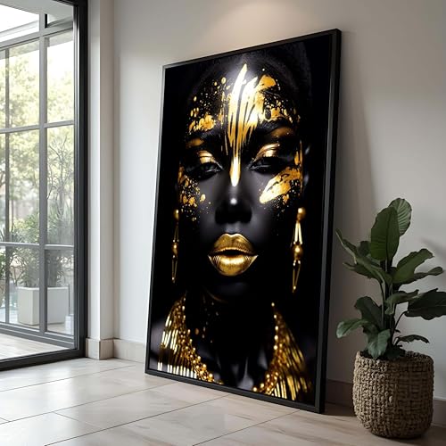 Tableau sur toile femme africaine noire et or 50 x 75 cm esthétique