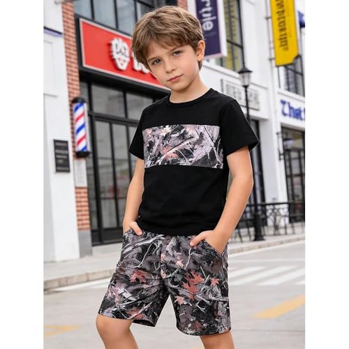 Image of Size 6-12 Years Boys Summer Outfits Set Kids Short Sleeve Top T-Shirt & Shorts Color Block Clothing Sets