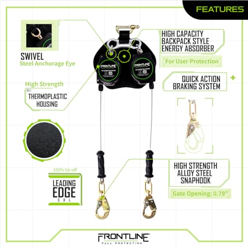 Image of Frontline RPG082SLE 8' Twin Leg Leading Edge SRL with Steel Snap Hook Ends | Sharp & Smooth Edge Compatible | Lightweight & Compact | Energy Absorber | ANSI & OSHA Compliant